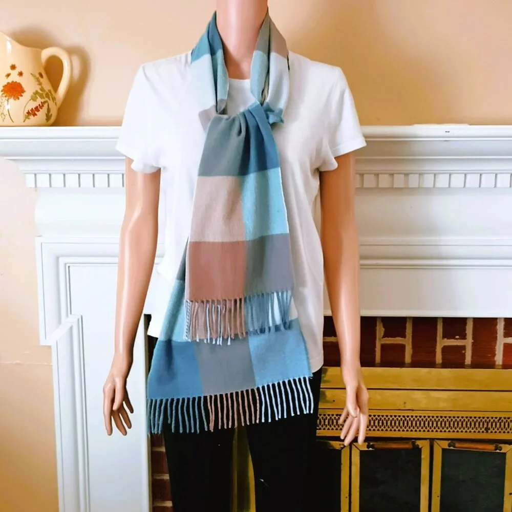 Blue Plaid Cashmere Scarf 72x12 Unisex Rectangle Fringe Made in Hong Kong